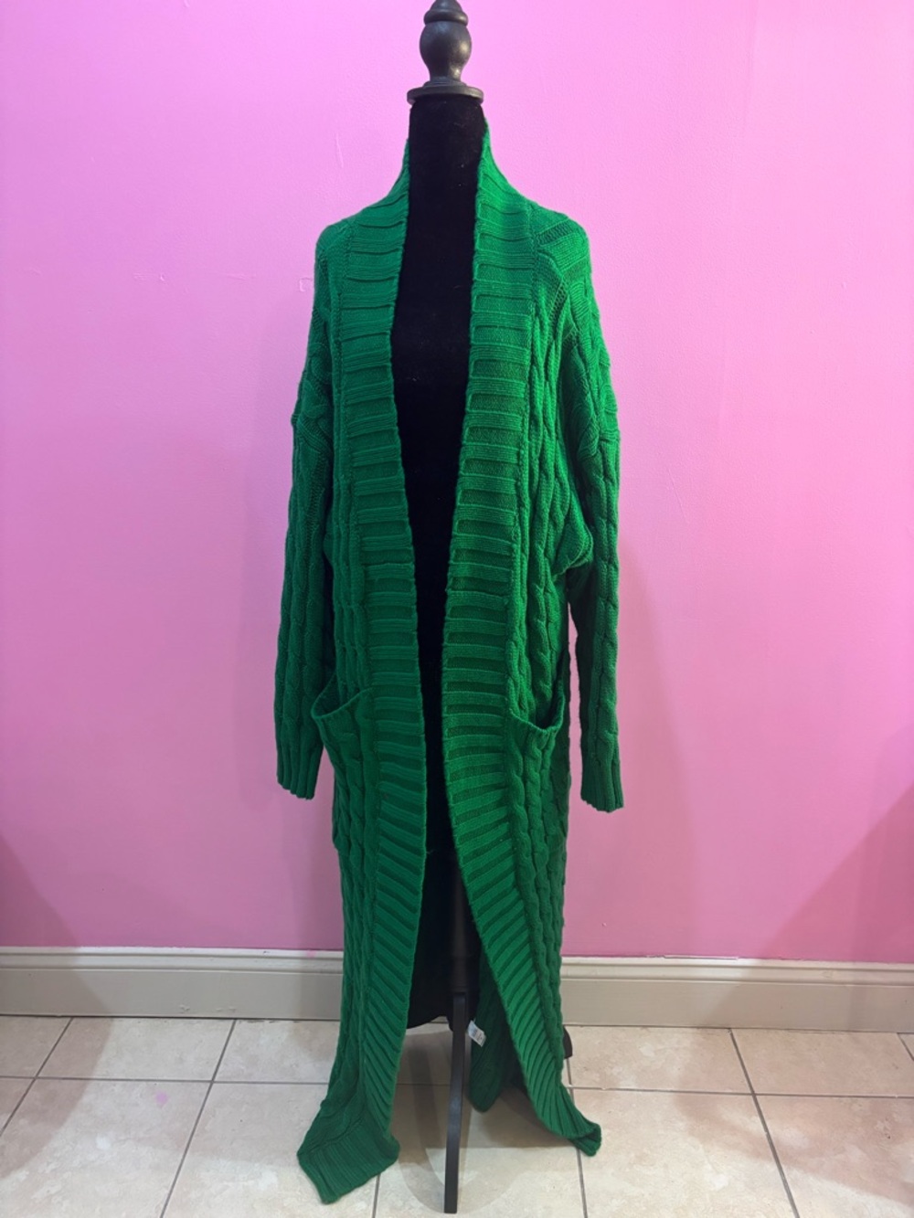 Long Green Open-Front Cable Knit Cardigan Sweater